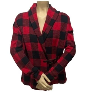 Chaps red black Buffalo Checked Jacket knit wrap cozy 100% cotton women's Large - Picture 1 of 5