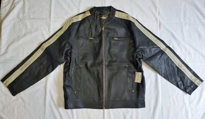 Men's Black/Brown Arizona Faux LEATHER Cafe Moto RACER JACKET w/ Stripe Sz. L - Image 1 of 4