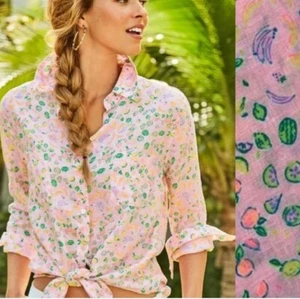 Lilly Pulitzer Sea View 100%Linen Button Down Urchin Pink Lil’Juicy Fruit Sz.XXS - Picture 1 of 10