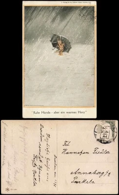 Ansichtskarte  Engel Angel im Schneesturm Regenschirm Künstlerkarte 1912 - Bild 1 von 3