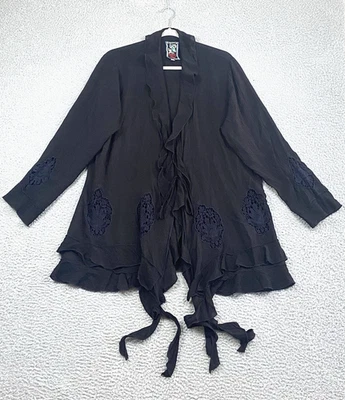 Johnny Was Lace Embroidered Kimono Jacket Black Size L Tie-Front Ruffles Gothic - Image 1 of 4