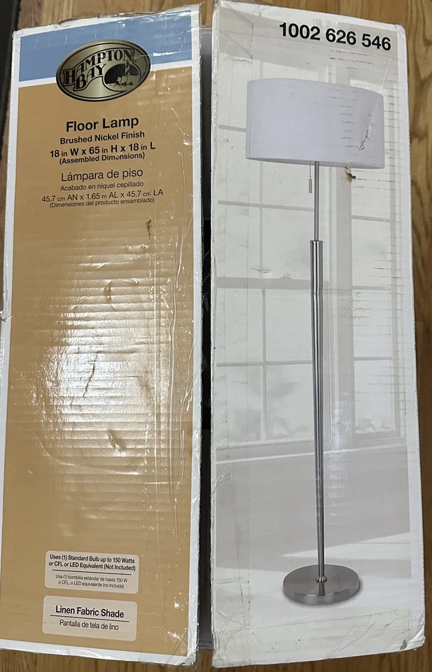 Hampton Bay 65 pulgadas Lámpara de pie de níquel cepillado, pantalla de tela de lino 1002626546 Foto 1 de 1