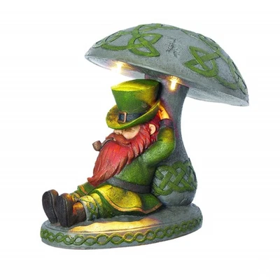 Roman LED Leprechaun Sleeping Under Mushroom Garden Statue 10" H Resin and Stone - Image 1 of 2