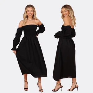 Vestido midi fruncido Petal & Pup Domenica negro con hombros descubiertos para mujer talla L 12 - Imagen 1 de 6