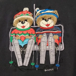 RARE Vtg 70s sweatshirt Fuzzy Teddy Bears winter Skiing trip Made Japan Lg black - Picture 1 of 8