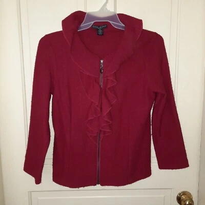 Elena Solano Red Boiled 100% Wool  Ruffled Zip Jacket Med Petite   - Image 1 of 4