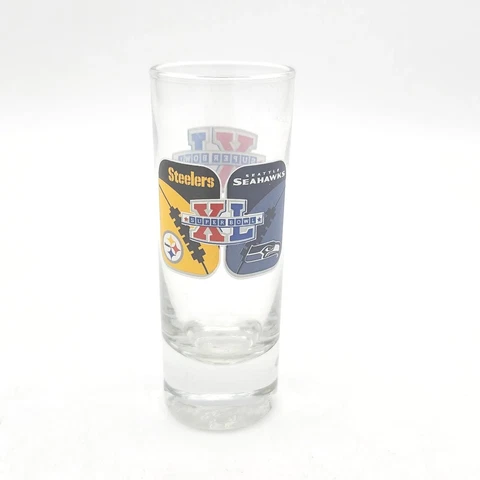 2006 Super Bowl XL 4” Tall Shot Glass Pittsburgh Steelers Seattle Seahawks Cover