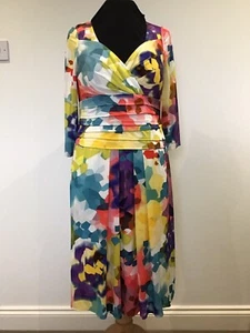 Beautiful Frank Usher Pretty Colourful Printed Soft Silky Jersey Dress Size 14. - Picture 1 of 7