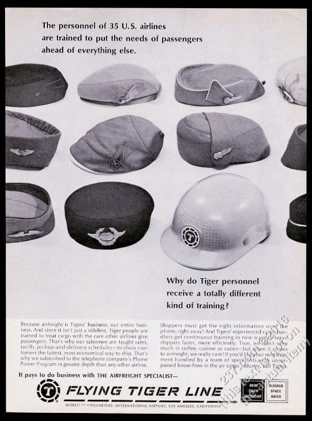 1967 boné de aeromoça de companhia aérea variedade foto Flying Tiger Line anúncio impresso vintage - Imagem 1 de 1