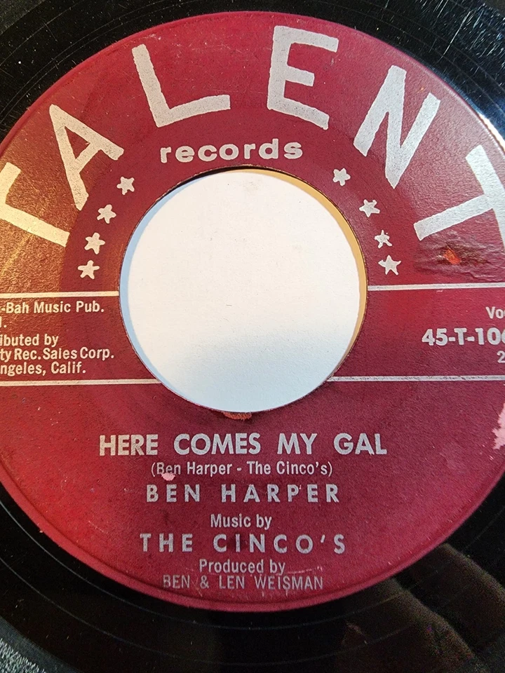 BEN HARPER The Cincos : Here Comes My Gal / Driveway Blues -TALENT GOOD+ F259 - Image 1 of 1