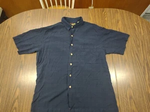 Caribbean 100% Silk Blue Hawaiian 2XL Wood Button Down Shirt - Picture 1 of 7