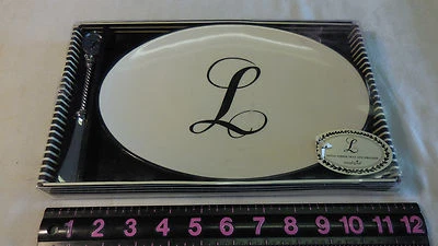 New in Box MUDPIE Monogrammed Initial "L" Ceramic Cheese Tray & Spreader Knife - Image 1 of 4