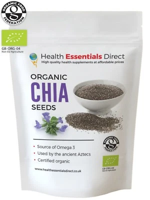 HEALTH ESSENTIALS DIRECT Organic Raw Chia Seeds (Essential Omega 3, Antioxidants, Superfood) Choose Size