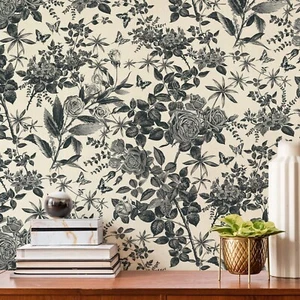 Black Floral Wallpaper Retro peel And Stick 17.3"X118" Home Furniture PVC Decor - Picture 1 of 6