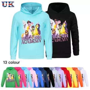 Kids Boys Girls UNICORN ACADEMY Print Long Sleeve Hoodie Jumper Tops Sweatshirt - Picture 1 of 24