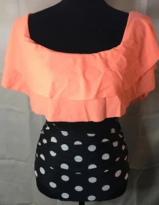 Womens Two Piece Swimsuit Retro Flounce & Black High Waist Polka Dot Bikini S - Picture 1 of 8