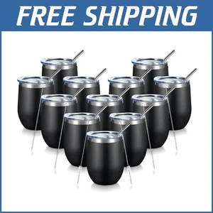 12oz Double Wall Insulated Stainless Steel Wine Tumblers with Lids & Straws -... - Picture 1 of 8