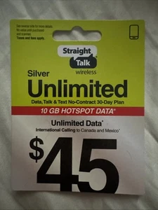 Straight Talk Rob Refill Card 30 Day $45 Prepaid Unlimited Data Plan TOP UP NOW - Photo 1 sur 2
