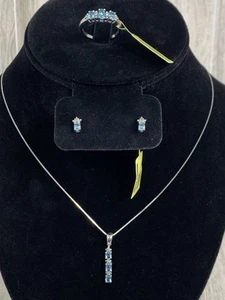 Paraiba Apatite Pendant, Earrings Ring Platinum Plated Sterling Silver Set - Picture 1 of 11
