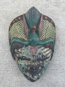 Vintage Batik Indonesian Multicolored Carved Wood Face Mask Wall Art - Picture 1 of 7