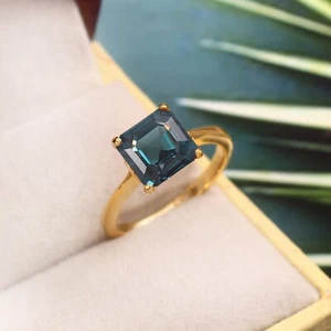 Asscher Green Indicolite Tourmaline Ring Genuine Gemstone Ring Wedding Ring - Picture 1 of 4