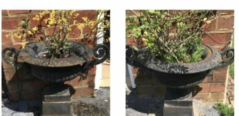19th Century French Iron Cast Iron Urn Planters On Risers Scrolled Handles Pair Cover