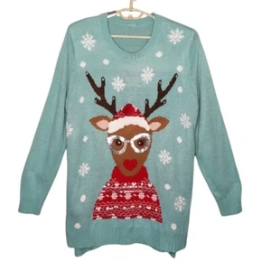 Holiday Time Size 3XL? Women's Ugly Christmas Sweater Reindeer Sequin Glasses - Picture 1 of 2