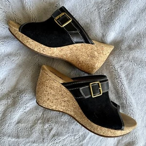 Clarks Black Suede Mules Cork Wedge Heels with Buckle Size 9 EUC - Picture 1 of 9