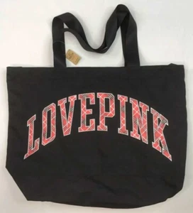 Victoria Secret Love Pink Black Canvas Tote Bag w Red Plaid Letters NWT LQQK - Picture 1 of 1