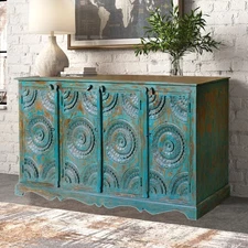Boho Carved Doors Rustic Credenza Blue Lotus Sideboard Kitchen Cabinet Buffet 71
