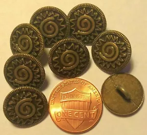 8 Antiqued Brass Tone Metal Shank Buttons Just Over 9/16" 14.9mm 9558 - Picture 1 of 1