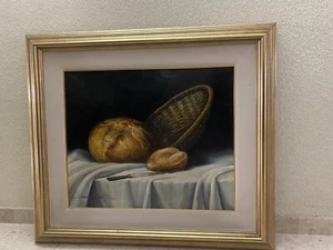 Cuadro Óleo sobre lienzo de Quim Sabaté Bodegón con pan enmarcado en dorado - Imagen 1 de 10