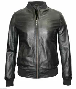 Chaqueta de cuero real estilo bombardero para hombre - cuero real negro - Imagen 1 de 4