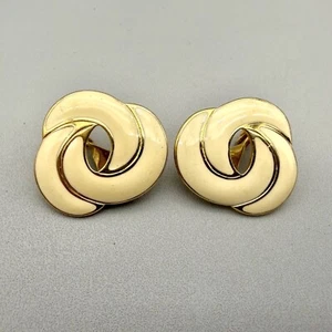 Monet Earrings Womens Clip On Cream Enamel Gold Tone Classy Preppy Studs 1.25" - Picture 1 of 14