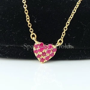 Genuine Ruby Tiny Heart Charm Necklace 14K Solid Yellow Gold Party Wear Jewelry - Picture 1 of 9