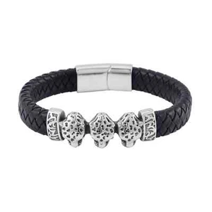 Stainless Steel Black Leather Cord Leopard Bracelet Jewelry for Women Size 8.5" - Picture 1 of 6