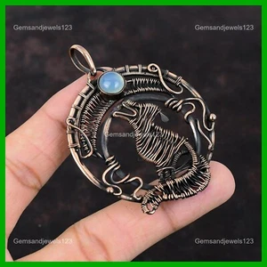 Friendship Day Deal Copper Blue Chalcedony Gemstone New Wire Wrapped Dog Pendant - Picture 1 of 6