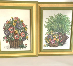Ida Pellei Lithograph Art Prints Set of 2 Flowers & Ferns Mid Century Framed - Picture 1 of 12