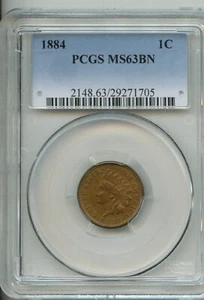 PCGS - Indian Cent - 1c - 1884 - MS 63 BN - 2148 - Picture 1 of 2