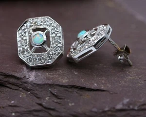 18ct Oro Blanco Natural Ópalo y Diamante Vintage Tuerca Pendientes British Hecho - Imagen 1 de 11