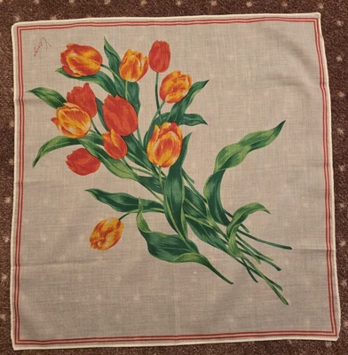 KENZO Hankie / Scarf Tulips Cotton Japan Red Orange Green White Square 17.5" - Image 1 of 3
