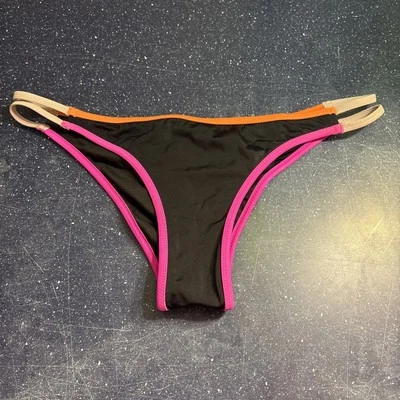 Parte inferior de bikini Victoria's Secret nueva sin etiquetas negra con ribete rosa naranja gris corte alto talla L Foto 1 de 4