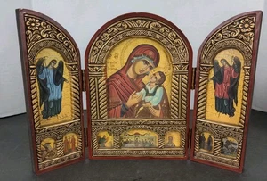 Vintage handgefertigte traditionelle byzantinische Ikone auf Holz der Mutter Gottes Triptychon - Bild 1 von 14
