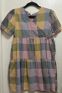 Free Assembly Multi Gingham Plaid V Neck Pockets Tiered Dress Girls Sz L 10/12 - Picture 1 of 9