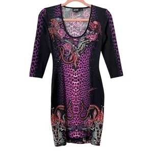 Vintage Just Cavalli Dress Women 38 XS Leopard Snake Rose Y2K Bodycon Mini - Picture 1 of 13