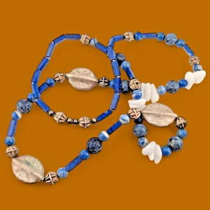 Vintage blaue Lapislazuli Perlen Halskette Trommelquarz & Silber Ethno B5 - Bild 1 von 7