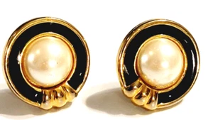Vintage schwarze Emaille Ohrringe Kunstperlen rund klassisch Schmuck kp-59 - Bild 1 von 5