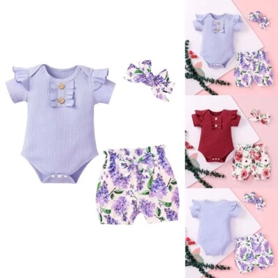 3PCS Newborn Baby Girl Clothes Short Sleeve Romper Bodysuit Tutu Pants Outfits - Image 1 of 4