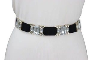 Women Black Elastic Band Fancy Dressy Belt Shiny Silver Gold Metal Buckle S M - Picture 1 of 24