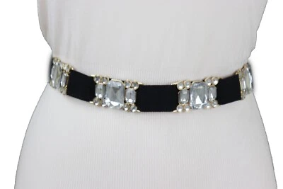 Mujeres Negro Banda Elástica Elegante Cinturón Brillante Plata Dorado Metal Hebilla S M Foto 1 de 4